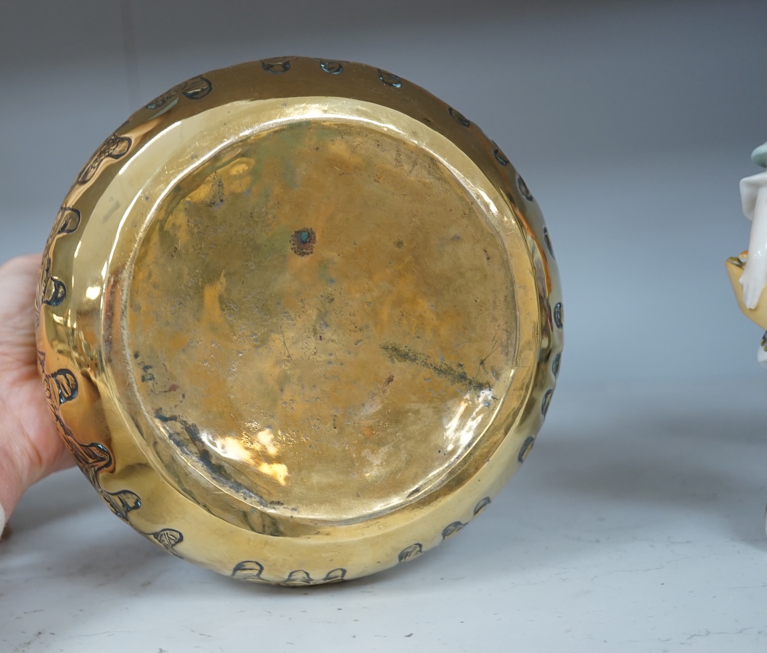 A Chinese brass basket censer and cover, 13cm high. Condition - fair.